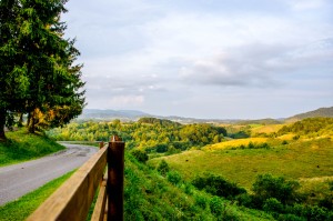 Landscape shot showing a road on the left and rolling green hills on the right