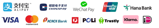 logos of convera pay partners: alipay, chinapay, wechat pay, unionpay, hana bank, visa, mastercard, icici. bank, poli, trustly, klarna, ideal